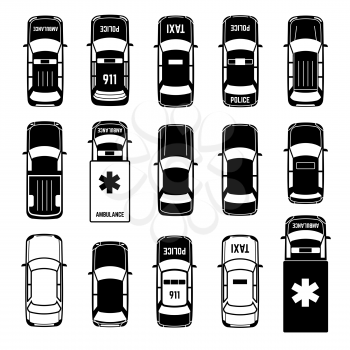 Car top view vehicle automobile transportation vector black icons. Ambulance and police, taxi