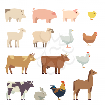 Farm animals vector flat icons. Set of animals cow and sheep, chicken and pig on white vector illustration