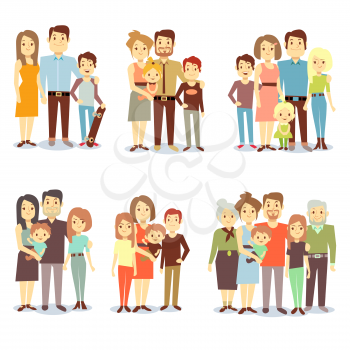 Families different types flat vector icons. Set of happy family, illustration of groups different families