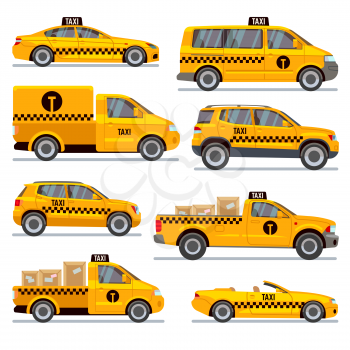 Different taxi types flat vector collection. Automobile taxi for passenger, illustration taxi pickup for transportation parcels