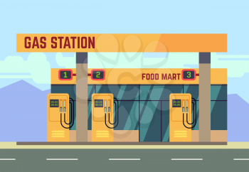 Gas filling station transport related service. Empty gas station on roadside, illustration of gas filling station with food shop