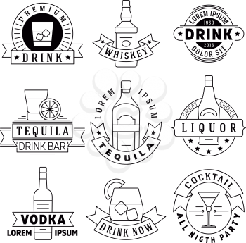 Alcohol drinks vector emblems, badges, logo set. Alcohol beverage whiskey and tequila, labels for vodka and liquor