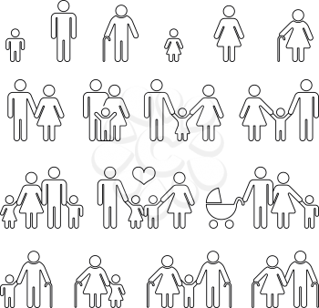 Family human thin line outline vector icons. Set of families in linear style, illustration family together mother father with baby