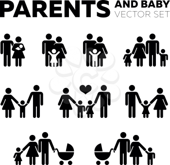 Parents and baby vector icons. Young family together, man woman with pram, illustration happy families