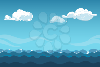 Blue sky over the sea background with clouds. Ocean outdoor vector illustration