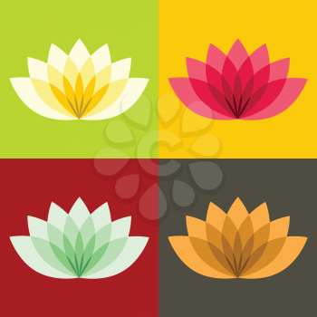Flat lotos flowers on color background. Blossom floral plant, vector illustration