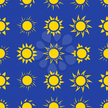 Suns in the sky seamless pattern. Background with sun in blue sky. Vector illustration