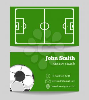 Soccer green field business card template. Football field on card, vector illustration