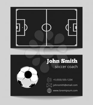 Soccer black business card. Template of card with ball. Vector illustration