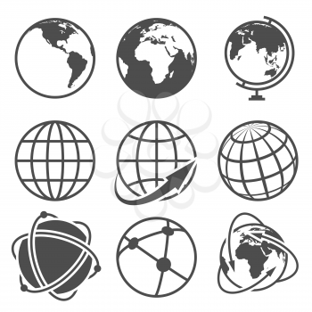 Globe earth vector icons set. Worldwide around globe and internet net on globe earth illustration