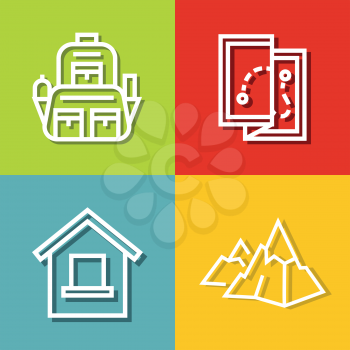 Road tourist icons in line style on color background. Mountain hiking, map and backpack. Vector illustration