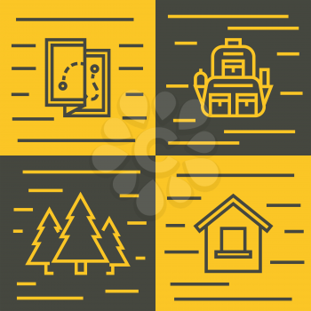 Road tourist line icons on yellow and brown background. Travel tourism and hiking, vector illustration
