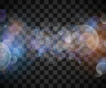 Abstract vector bokeh sunbeams effect isolated on transparent plaid background. Defocused and blurred, shimmer decoration glare illustration