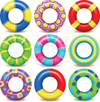Colorful rubber swim rings vector set for water floating. Swimming circle lifesaver collection for child safe