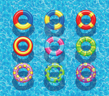 Pool rings on the blue ocean water background vector illustration