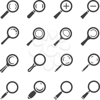 Magnifying glass, magnifier, zoom, search find loupe vector icons. Set of magnifying glass for web design, illustration of magnifying glass