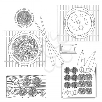 Japanese food vector contour drawing in black and white. Restaurant traditional food sketch illustration