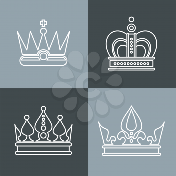 White line crown icons on gray background. Set of linear crowns. Vector illustration