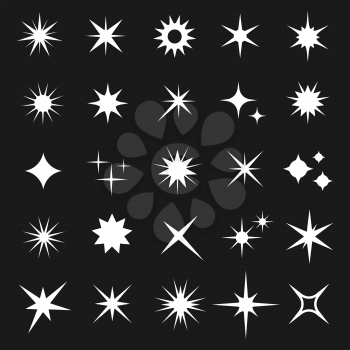 White twinkling vector stars isolated on dark background. Shining glitter star icons set illustration