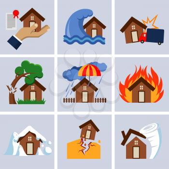 Natural disaster insurance, house insurance business service vector icons. Flood and fallen tree on roof illustration