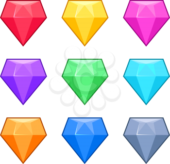 Diamond crystal gems isolated on white cartoon vector set. Gemstone brilliant, glass precious jewelry illustration