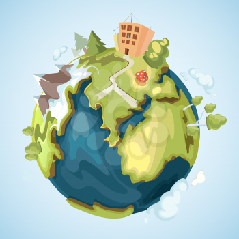 Earth planet with buildings, trees, mountains and nature elements vector illustration in cartoon style. Green life planet, globe of world illustration