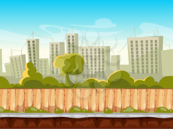 Seamless city landscape, cityscape vector background for smartphone app and computer games. Background town street with home and tree. Vector illustration