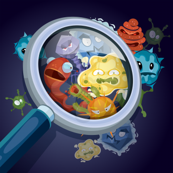 Microorganism, microscopic bacteria, pandemic virus, epidemic germs under magnifying glass vector medical and contamination concept. Unhygienic harmful influenza illustration