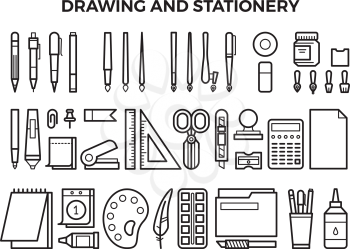 Office stationery and drawing tools line icons. Pencil and pen, marker and paintbrush. Vector illustration