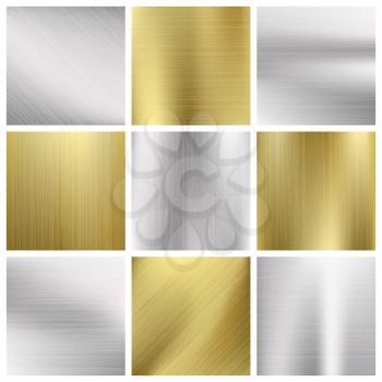 Metal vector textures set. Silver and gold metallic pattern illustration