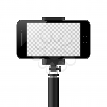 Smartphone vector template with empty screen and monopod. selfie, self portrait mockup. Modern gadget with stick for photo illustration