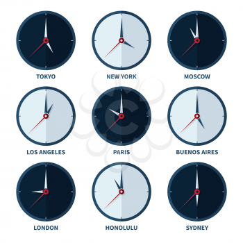 World clocks for time zones of different cities vector set. Travel to country with other timezone illustration