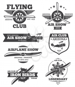 Vector aviation badges, avia club emblems, airplane logos set. Retro plane with propeller, airshow label emblem illustration
