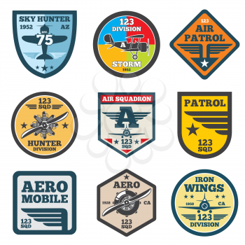 Army jet, aviation, air force vector labels, patch badges, emblems and logos set. Badge shield with wing illustration