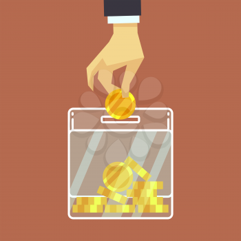 Businessman insert coin into donate box. vector donation concept. Finance business investment illustration