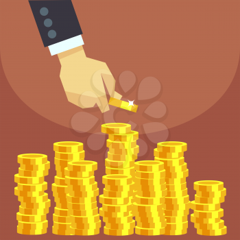 Hand put gold coins to stack vector business finance concept. Investment financial and growth money illustration