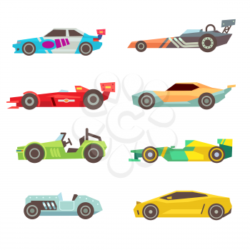 Sport racing car flat vector icons isolated on white background. Speed motor drive illustration
