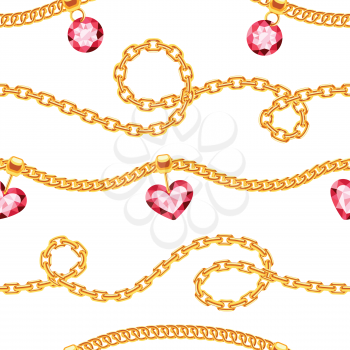 Golden chains with gemstones jewels vector seamless pattern. Luxury precious necklace with gemstone illustration