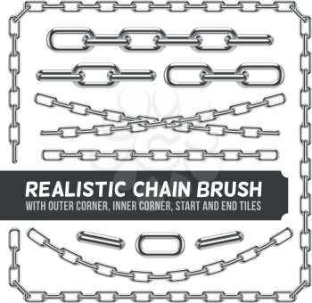 Realistic metal chain set, vector silver chains. Industrial link and metallic strength line illustration