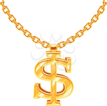 Gold dollar symbol on golden chain vector hip hop rap style necklace. American money and financial luxury illustration