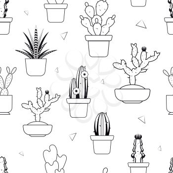 Hand drawn tropical cactus seamless vector pattern. Cactus linear style pattern, illustration of tropical cactus