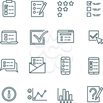 Online test, internet quiz, questionnaire, survey, exam, quizzes thin line vector icons. Linear checklist for feedback, stats list illustration