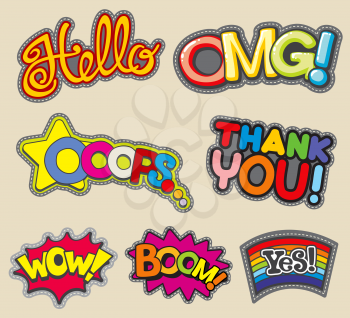 Vector internet words embroidery stitched badges, fashion stickers thank you and wow, boom and hello, omg and yes illustration