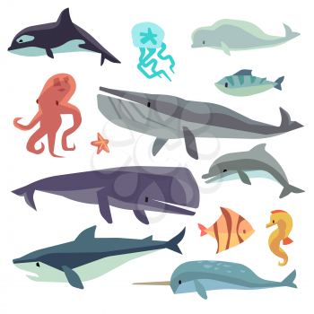 Sea marine fish and animals flat vector set. Dolphin and whale, shark and octopus, jellyfish and seahorse illustration