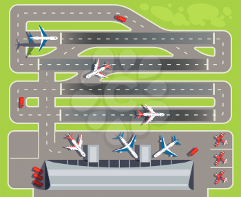 Airport with passenger terminal, airplanes, helicopters top view vector illustration. Building airport terminal, runway for landing plane to airport