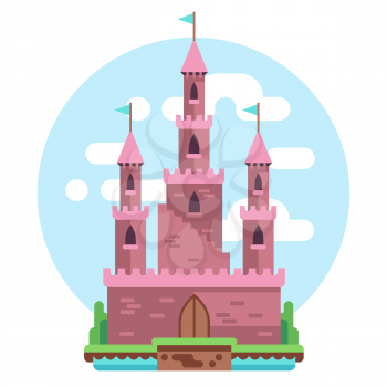 Cartoon fairy tale pink alcazar castle vector illustration. princess pink mysterious house with flags and gate. Medieval castle with towers