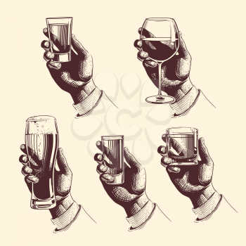 Hands holding glasses with drinks beer, tequila, vodka, rum, whiskey, wine. vector engraved illustration. Hold glass with drink