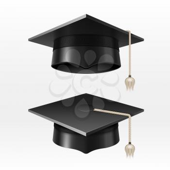 University academic graduation caps with tassel vector illustration. Graduation hat for ceremony, academic black hats