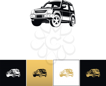 SUV car vector icon. SUV car program on black, white and gold background