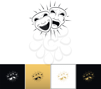 Theatrical comedy and tragedy masks vector icon. Theatrical comedy and tragedy masks program on black, white and gold background